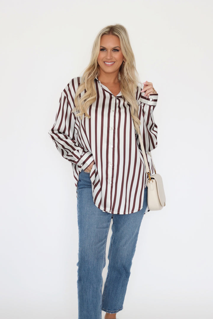 Maren Satin Button Down - Brown