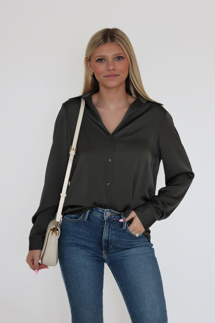 Lyza Satin Button Up- Dark Olive