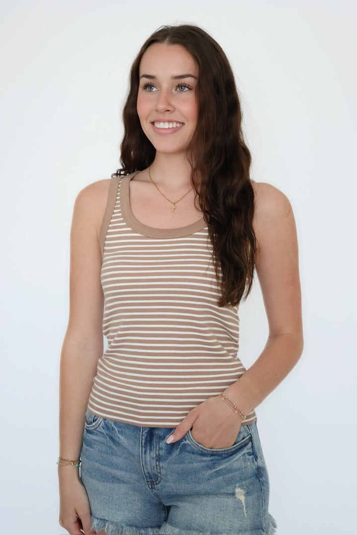 Elin Striped Rib Tank - Iced Coffee