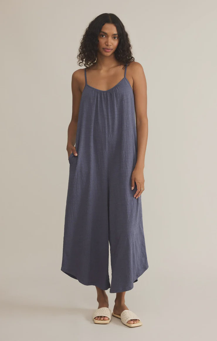 Textured Flared Jumpsuit - Worn Blue