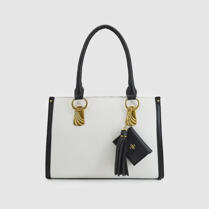 Tessa Tassel Tote Bag - White/Black