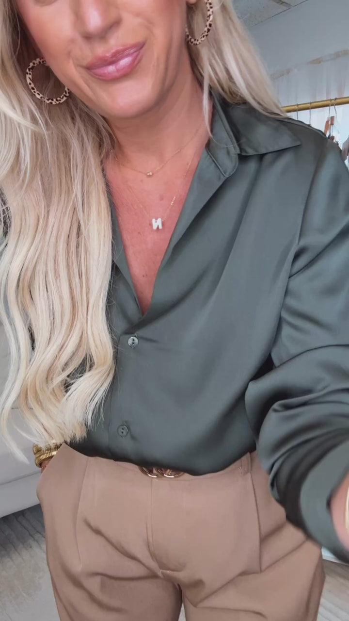 Lyza Satin Button Up- Dark Olive